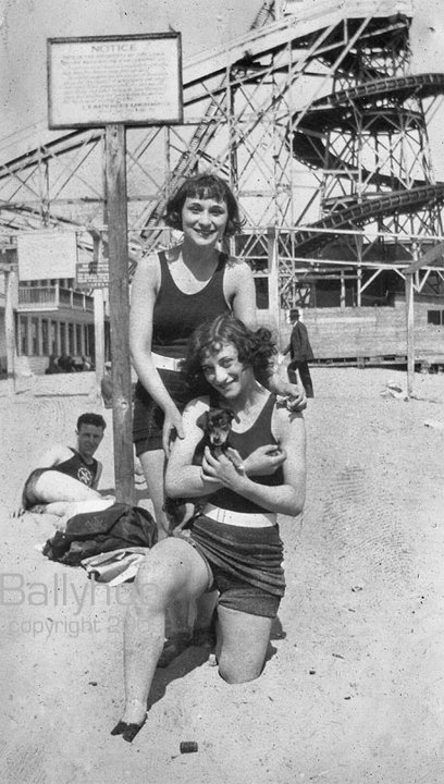 Jersey Girls with Puppy in front of Atlantic City Roller Coaster 1920s